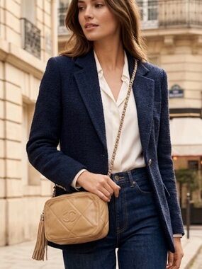 CHANEL Tan Quilted Lambskin Crossbody Camera Bag with Chain and Tassel